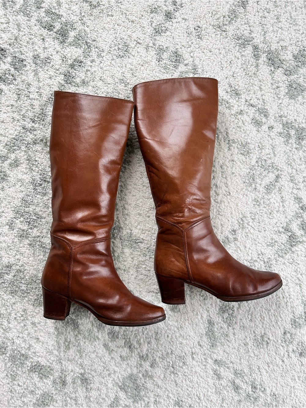 Vintage Women's Brown Genuine Leather Mid-Heel Knee Boots